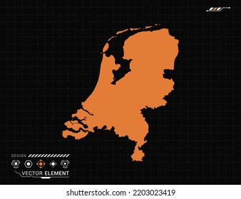 Netherland map of orange digital frame HUD, GUI, UI interface technology radar vector.