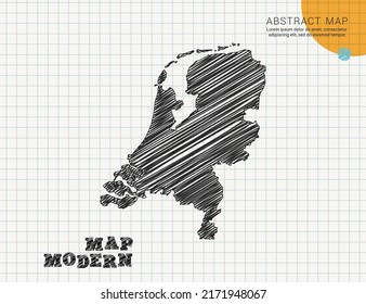 Netherland map of vector black silhouette chaotic hand drawn scribble sketch on grid paper used for notes or decoration.