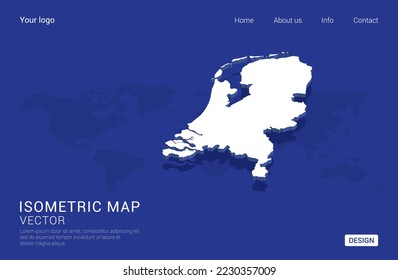 Netherland map white on dark blue background 3d isometric vector illustration.