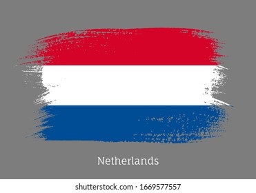 Netherland official flag in shape of paintbrush stroke. Netherlandish national identity symbol. Grunge brush blot object on gray background vector illustration. Netherland country patriotic stamp.