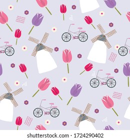 Netherland Theme Background Seamless Pattern Tulips Windmill Bicycle