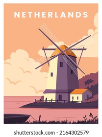 Netherland Travel Landscapes Vector Illustration with windmill. vector for poster, postcard, art print with minimalist style