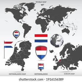 Netherlands administrative divisions map, Earth globe, World and Europe maps showing country location and Netherlands flags icon set.