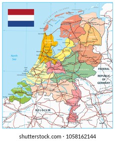 Netherlands Administrative Divisions Map and Roads. Highly detailed vector illustration of map.
