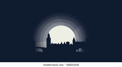 Netherlands Amsterdam blue night city panorama landscape skyline flat icon logo