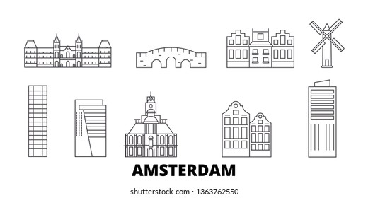 Netherlands, Amsterdam City line travel skyline set. Netherlands, Amsterdam City outline city vector illustration, symbol, travel sights, landmarks.