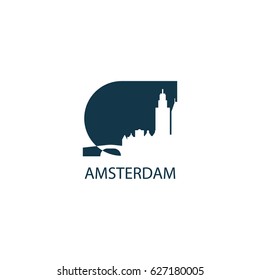 Netherlands Amsterdam city panorama view landscape flat negative color vector icon logo