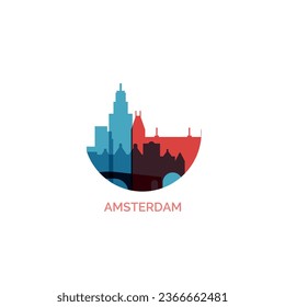 Netherlands Amsterdam cityscape skyline panorama vector flat modern logo, icon. City emblem idea with landmarks, attractions and building silhouettes