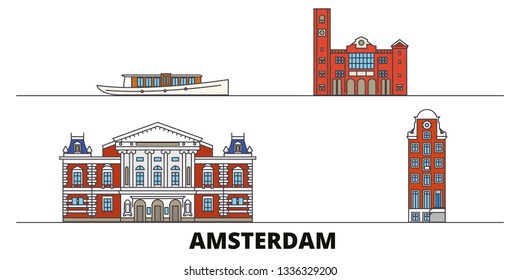 Netherlands, Amsterdam flat landmarks vector illustration. Netherlands, Amsterdam line city with famous travel sights, skyline, design. 