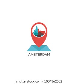 Netherlands Amsterdam map pin point geolocation modern skyline shape vector logo icon illustration pointer