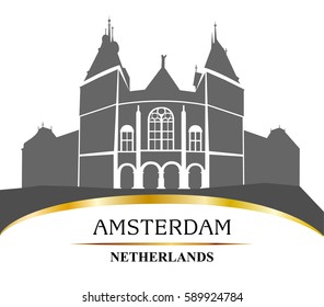 Netherlands. Amsterdam. State Museum - Rijksmuseum. Silhouette. Vector.