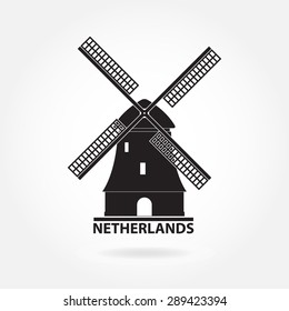 Netherlands and Amsterdam symbol. Windmill icon or sign isolated on white background. Mill silhouette. Vector illustration.