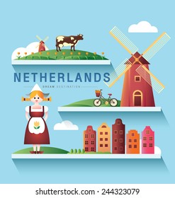 Netherlands And Amsterdam, Windmill ,Destination ,vector Set And Shelf