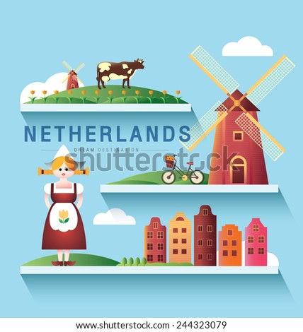 Netherlands and Amsterdam, windmill ,Destination ,vector set and shelf