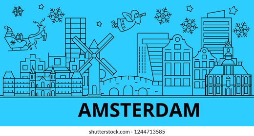 Netherlands, Amsterdam winter holidays skyline. Merry Christmas, Happy New Year decorated banner with Santa Claus.Netherlands, Amsterdam linear christmas city vector flat illustration