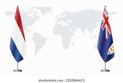 Netherlands and Anguilla flags for official meeting against background of world map.