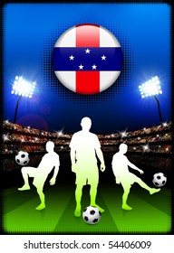 Netherlands Antilles Flag Button with Soccer Match in Stadium Original Illustration