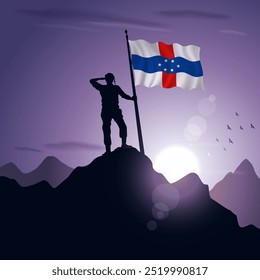 Bandeira das Antilhas Holandesas hasteada em um pico de montanha com um pôr do sol roxo ao fundo, ilustração vetorial