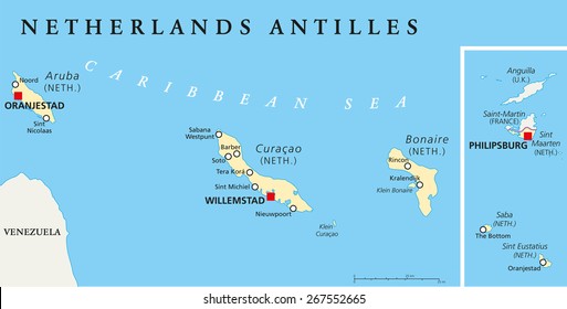 Niederländische Antillen politische Karte. Aruba, Curacao, Bonaire, Sint Maarten, Saba und Sint Eustatius mit Hauptstädten und wichtigen Städten. Englische Kennzeichnung und Skalierung. Illustration.