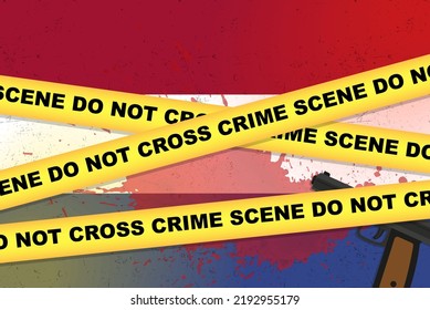 Netherlands armed attack vector banner, shooting news concept, armed assault with gun and blood stain on Netherlands flag, yellow police tape, crime scene composition, top view, flat design
