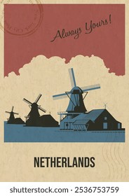 Netherlands Attraction Postcard, Holland Windmills Landmark Illustration, Vector Template Retro Style Greeting Card with handwriting wish. Postal Imprint, Aged Paper Texture