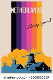 Netherlands Attraction Postcard, Holland Windmills Landmark Illustration, 1980s Style Vector Template Greeting Card, Postcard, Vintage Color Stripes Poster