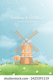 The Netherlands Banner with Windmill, Watercolor Vector Illustration