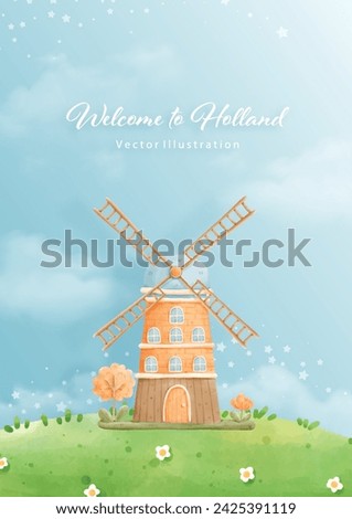The Netherlands Banner with Windmill, Watercolor Vector Illustration