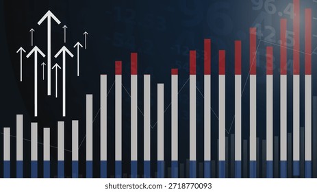 Países Bajos gráfico de barras con altibajos, valores crecientes, Países Bajos bandera de país en gráfico de barras, flecha ascendente hacia arriba en los datos, idea de Anuncio de noticias, concepto de país en desarrollo
