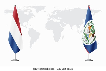 Netherlands and Belize flags for official meeting against background of world map.
