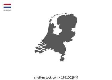 Netherlands black shadow map isolated on white background with Netherlands icon flag on the left corner.