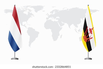 Netherlands and Brunei flags for official meeting against background of world map.