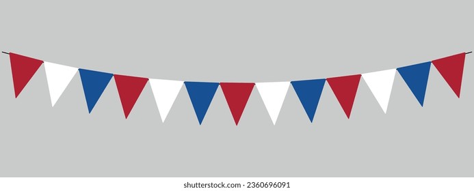 Marismas de bunting de los Países Bajos, cuerdas de banderas triangulares para fiesta al aire libre, fiesta nacional holandesa, elemento decorativo vector panorámico