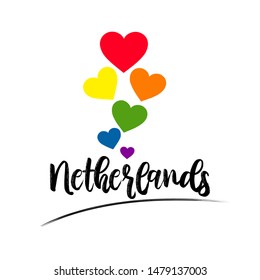 Netherlands calligraphic text decorated with six hearts with LGBT flag colors