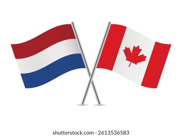 The Netherlands and Canada crossed flags. Netherlandish and Canadian flags on a white background. Vector icon set. Vector illustration.