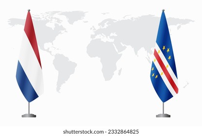 Netherlands and Cape Verde flags for official meeting against background of world map.