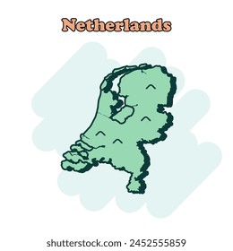 Netherlands cartoon colored map icon in comic style. Country sign illustration pictogram.