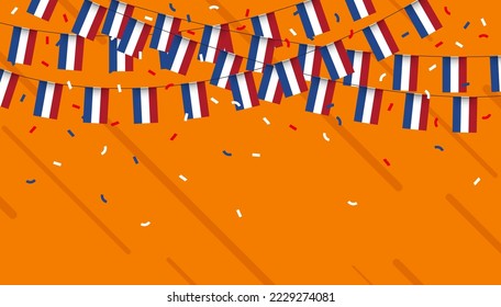 Netherlands celebration bunting flags with confetti and ribbons on orange background. vector illustration.