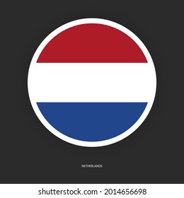 Netherlands circle flag icon with white border on dark grey background. Netherlands button flag icon isolated on barely dark background