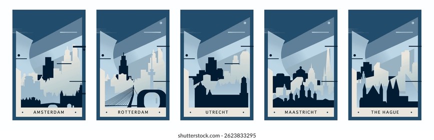 Países Baixos cidades brutalismo cartaz com linhas do horizonte, marcos de Amesterdã, Roterdão, Utrecht, Maastricht, Haia. Conjunto de ilustrações vetoriais. Capa de viagem, brochura, folheto, folheto, imagens