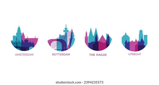 Netherlands cities logo and icon set. Vector graphic Holland collection for Amsterdam, Rotterdam, The Hague, Utrecht