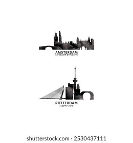 Netherlands cities logo and icon set. Vector graphic collection for Amsterdam, Rotterdam. Skyline, panoramic emblems for Europe