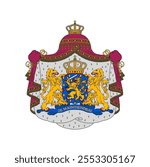 Netherlands coat of arms, heraldry shield and heraldic emblem, vector Dutch symbol. Netherlands Kingdom official coat of arms with lions, shield and crown crest, national heraldry emblem with motto