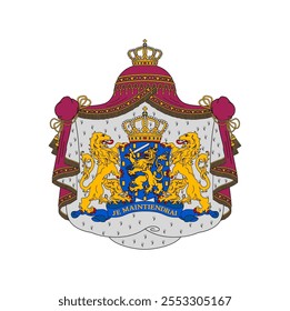 Netherlands coat of arms, heraldry shield and heraldic emblem, vector Dutch symbol. Netherlands Kingdom official coat of arms with lions, shield and crown crest, national heraldry emblem with motto