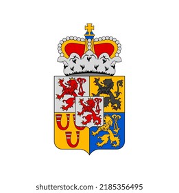 Niederländisches Wappen, Limburg Provinz heraldisches Emblem oder heraldry, Vektorholländische Blazon. Niederländisch-Limburg - Wappen oder offizielles heraldisches Symbol mit Löwen- und Monarchenkronen auf Schilden