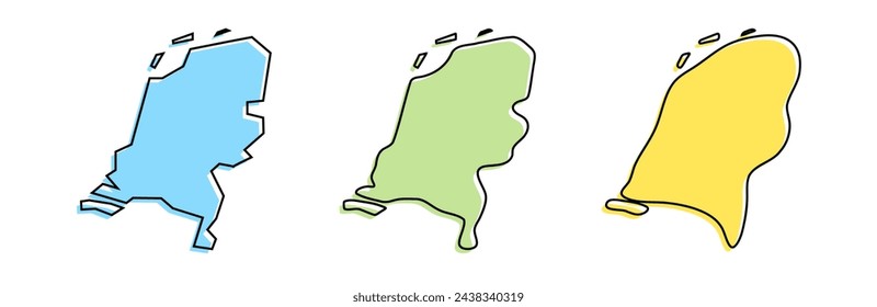 Netherlands country black outline and colored country silhouettes in three different levels of smoothness. Simplified maps. Vector icons isolated on white background.