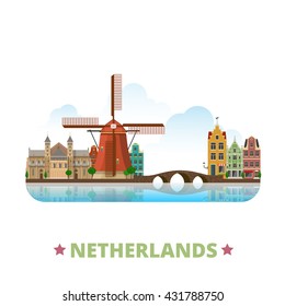 Netherlands country design template. Flat cartoon style historic sight showplace web site vector illustration. World vacation travel Europe European collection. Old Dutch Windmill Binnenhof bridge.