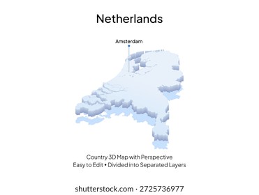 Mapa de Country de los Países Bajos, con perspectiva 3D de estilo limpio, destacado en la ciudad capital de Ámsterdam 