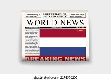 Netherlands country newspaper with flag, breaking news on newsletter, Netherlands news concept, gazette page with headline, journal with country flag, reading newspaper, streamer headline