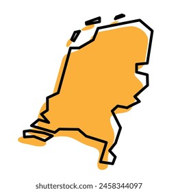 Netherlands country simplified map. Orange silhouette with thick black sharp contour outline isolated on white background. Simple vector icon